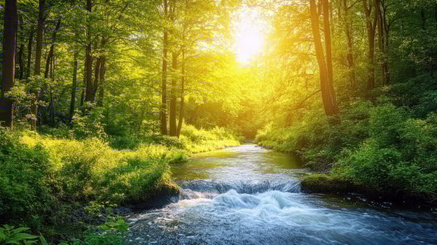 Peaceful Forest River Flowing Through Verdant Landscape with Gentle Curves photo