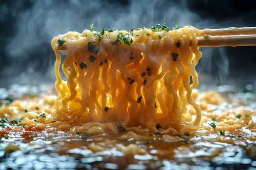 Steaming Hot Ramen Noodles with Chopsticks and Fresh Garnish for Food Photography photo