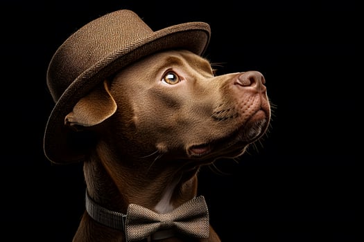 Dapper Dog in Bow Tie and Hat Against a Dark Background for Stylish Pet Portraits photo