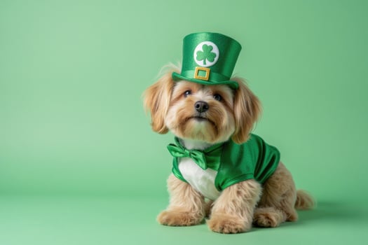 Adorable dog in green costume with shamrock hat celebrating st. patrick's day. photo
