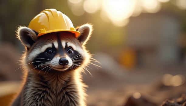 Cute raccoon wearing yellow construction helmet in sunlit forest. photo