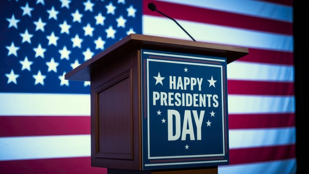 Podium with happy presidents day sign in front of american flag. photo