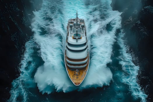 Luxurious Yacht Navigating Through a Narrow Ocean Passage with Dramatic Waves photo