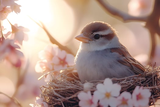 Blissful Sparrow Nestled Among Spring Blossoms at Sunrise photo
