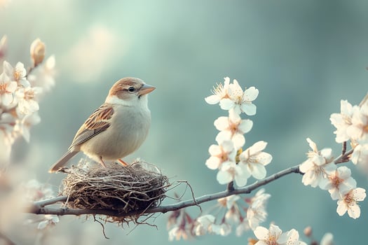 Sparrow Nesting Amid Blossoms in Springtime Serenity photo
