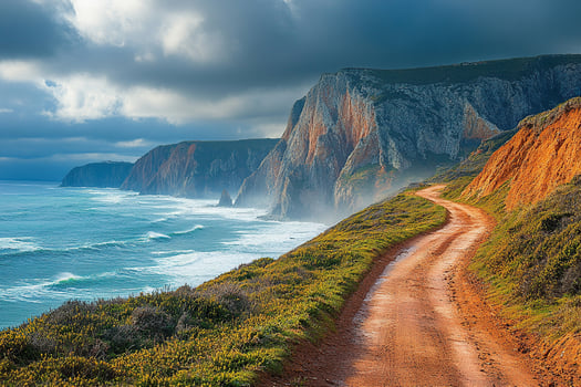 Dirt road along the ocean. Road along the rocky shore. Magnificent scenery. photo