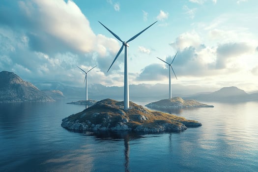 Wind turbines stand on rocky islands in the fjord waters. Renewable energy concept. Ecological conservation. photo