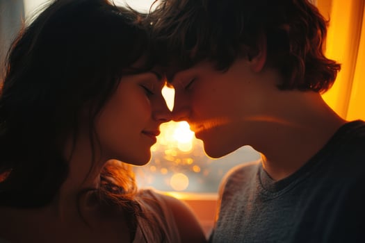 couple gazing into each other eyes, sharing strong emotional connection soft lighting. Their romantic love creates intimate photo