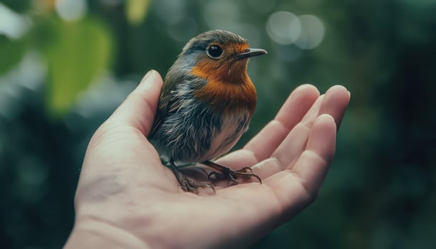 hand gently cradling bird, showcasing tenderness and connection with nature photo