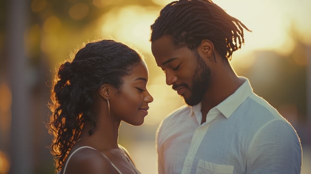 couple holding hands, eyes closed, bathed in soft golden light, genuine smiles photo