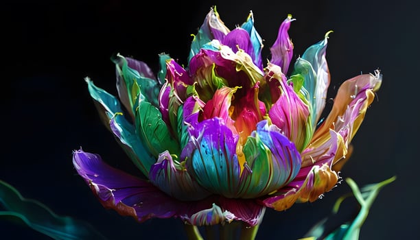 A colorful flower is shown in the dark photo