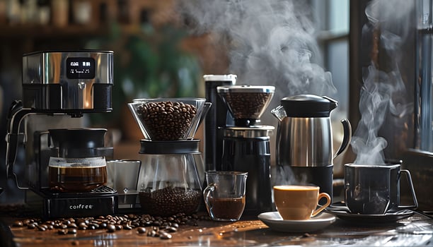 Coffee maker, coffee beans, and coffee cups on a table photo