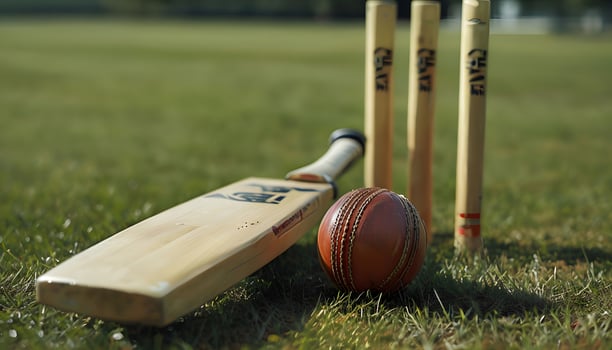 A cricket ball, bat and a ball on the grass photo