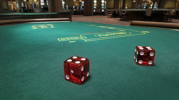 Red dice on green gaming table photo