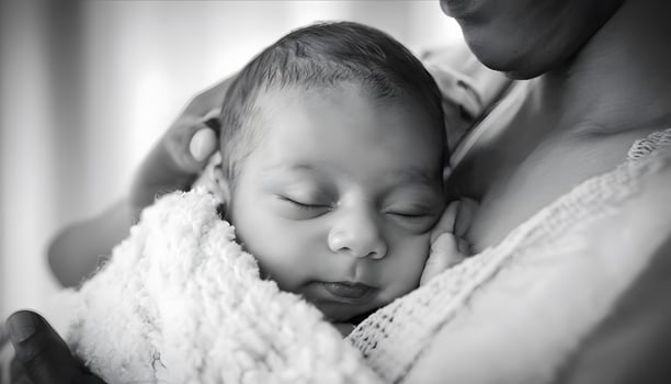 A black and white photo of a baby sleeping