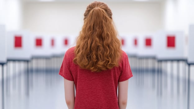 Rear View of Woman with Red Hair in Voting Booth Area Reflecting Democracy and Civic Engagement During USA Elections photo