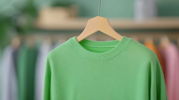 Green Shirt Display on Wood Hanger in Fashion Store with Blurred Multicolor Background and Natural Lighting for Retail Design and Style Emphasis with Green Color Highlight photo