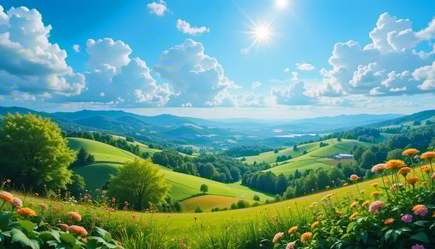 A breathtaking panoramic view of a rolling hills landscape filled with vibrant yellow wildflowers photo