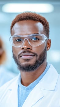 Medical Science Laboratory with Scientist in Protective Eyewear Focused on Research for Innovative Experiments and Data Analysis in Sterile Environment Highlighting Modern Technology Safety Measures photo
