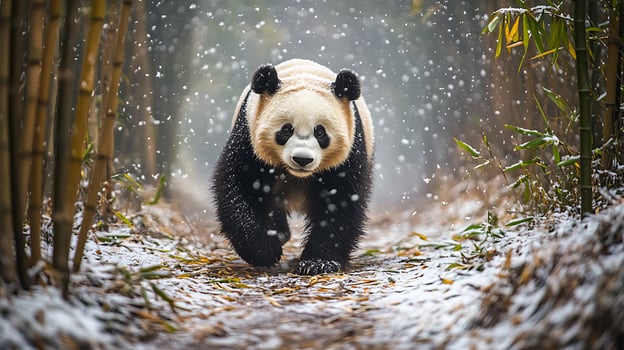 Giant panda walking in the bamboo forest during a snowfall photo
