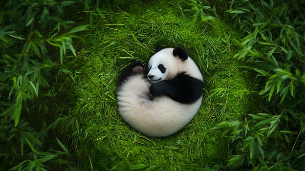 panda bear sleeping on green grass background, cute animal in nature photo