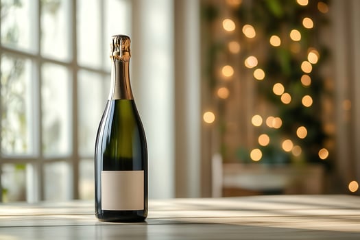 a bottle of champagne on a table in front of a window photo