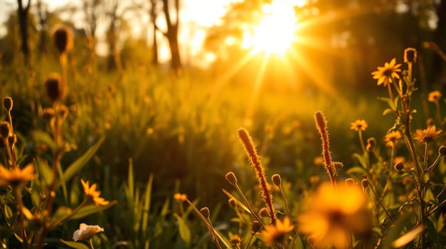 The sun is shining over a field of wildflowers photo