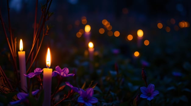 Candles are lit in the dark with purple flowers photo