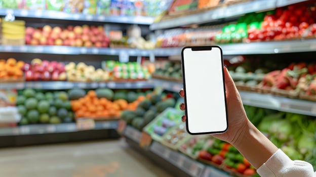 Blank smartphone screen in hand at grocery store produce aisle for customization photo