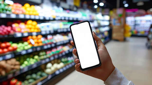 Shopping revolution,blank smartphone screen in supermarket aisle photo