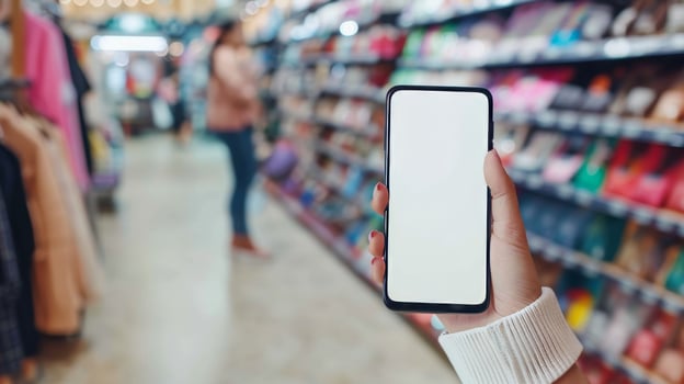 Shopping experience with smartphone in hand at busy retail store photo