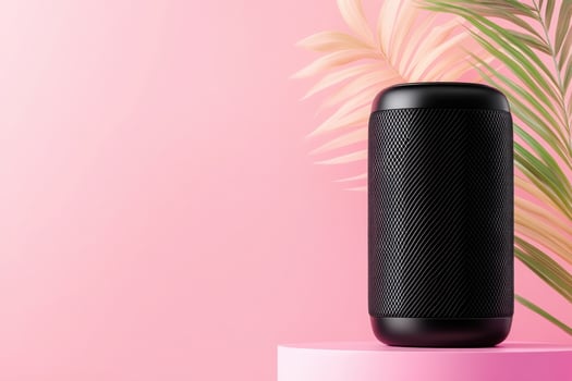 Sleek black wireless speaker positioned on a pastel pink surface with soft studio lighting and plant accents for a modern aesthetic photo