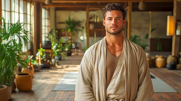 The male yoga teacher is dressed in comfortable clothes photo