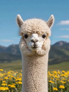 Close up portrait of a fluffy white alpaca in a field of yellow flowers photo