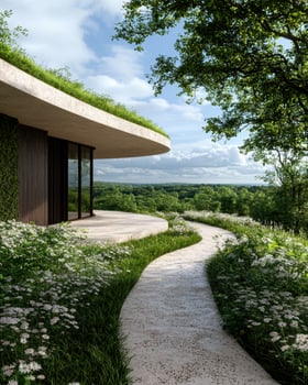 Modern house with a green roof and a curved walkway leading to a scenic view photo