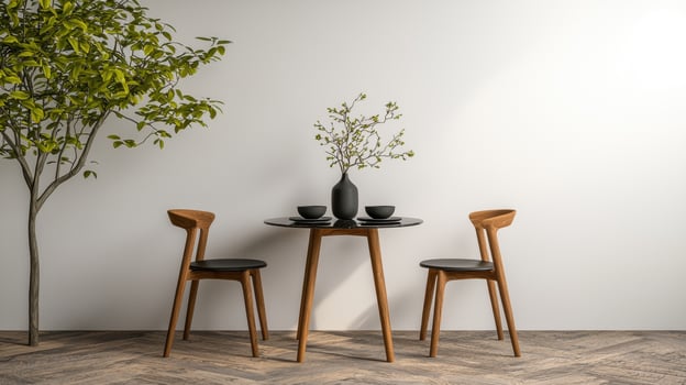 Minimalist dining room interior with wooden chairs and a round table photo
