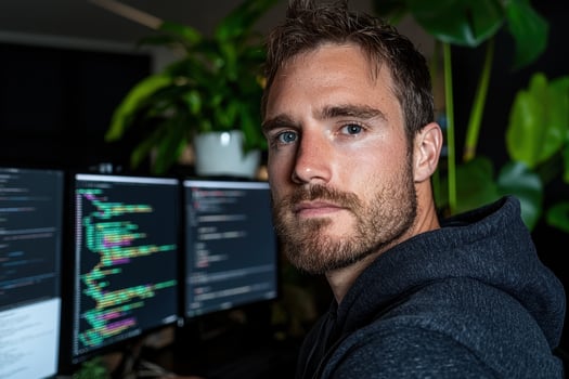 Focused programmer working late at night on his computer photo