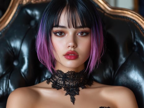 Close up portrait of a young woman with purple and black hair, wearing a black lace choker photo