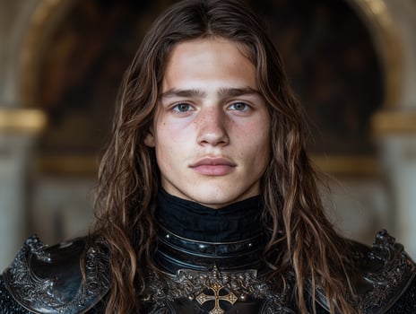 Portrait of a young man with long hair in medieval knight's armor photo