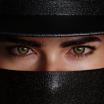 Mysterious woman with green eyes hidden behind black leather mask and hat photo