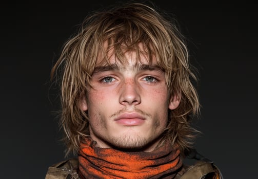 Close up portrait of a young man with freckles and tousled blond hair photo