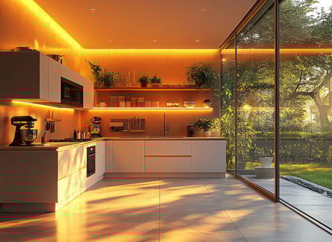 Modern kitchen interior with ambient lighting and garden view at sunset photo