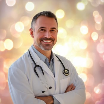 Healthcare professional smiles confidently while wearing a white coat and stethoscope against a soft blurred background photo