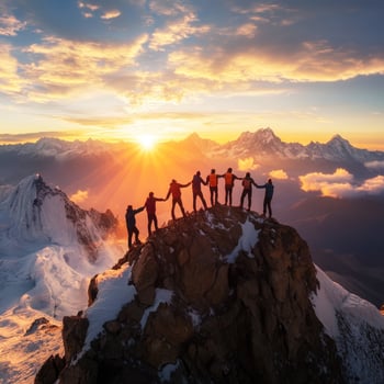 Group of climbers celebrating a stunning sunrise atop a mountain peak in the Himalayas photo