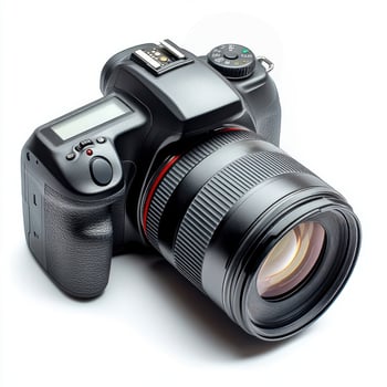 High-quality digital camera with large lens and controls showcased on white background photo