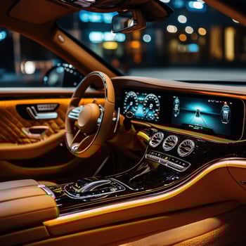 Luxurious car interior showcasing advanced technology and elegant design during nighttime city drive photo