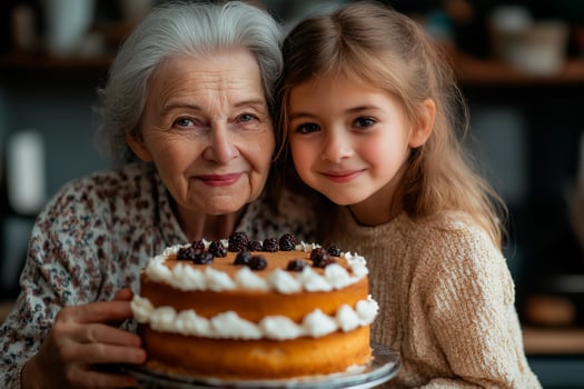 Grandmother and granddaughter share a joyful moment with a delicious cake in a cozy kitchen photo
