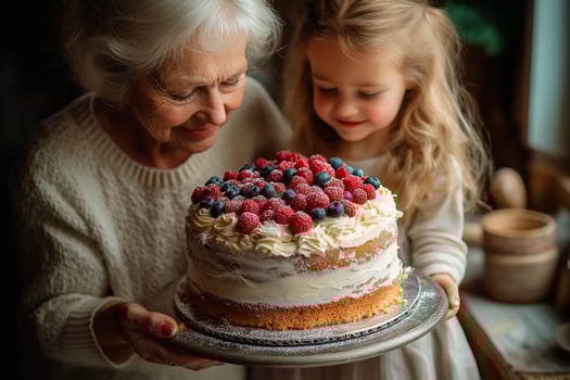 Grandmother and granddaughter celebrate with a homemade cake decorated with berries photo
