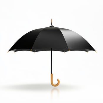 Black umbrella with a wooden handle standing upright against a plain white background photo