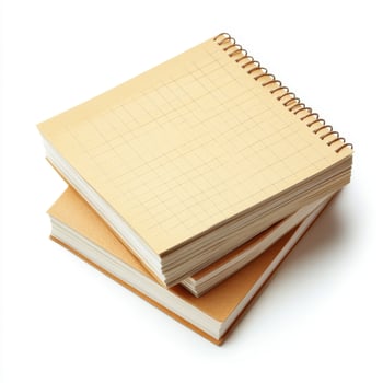 Notebooks stacked on a white surface displaying blank pages for creative ideas and sketching photo